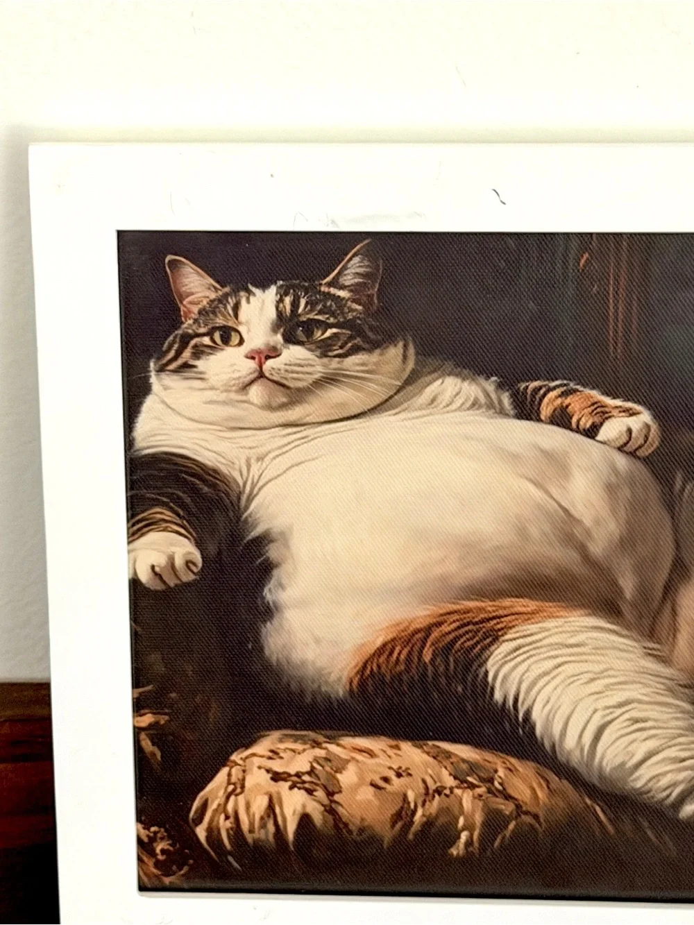 Fat Cat on Couch Quirky Canvas Art Print White Framed Weird Wall Hanging Art
